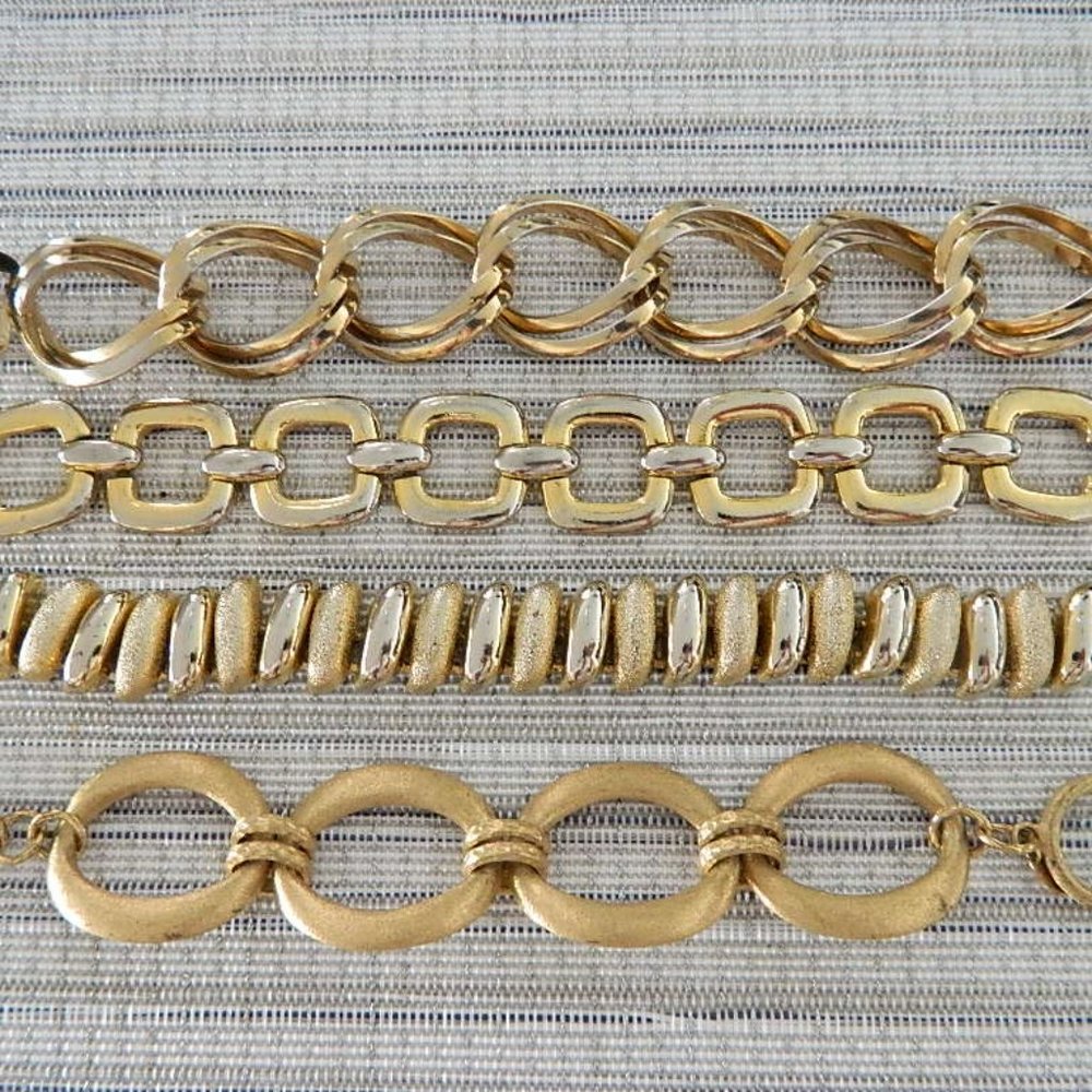 4 Vintage Mid-Century Brass Bracelets, 3 Branded Well know names